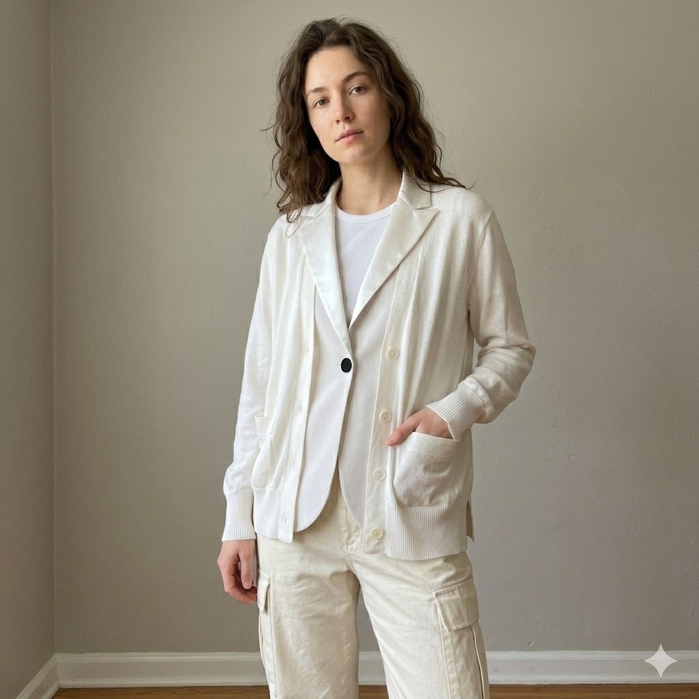 Sacai Hybrid Blazer Cardigan Womens Large Cream Layered Satin Lapel Avant-Garde
